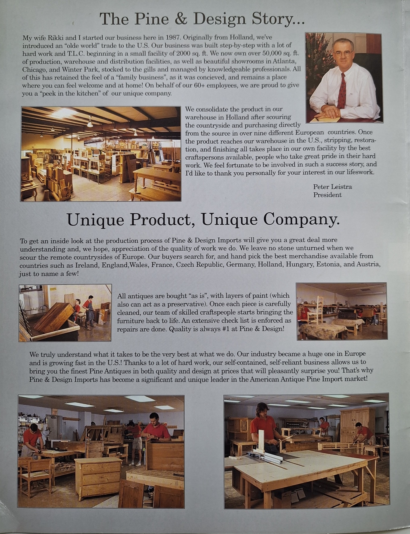 Pine and Design story page showing Peter Leistra and the furniture restoration workshop