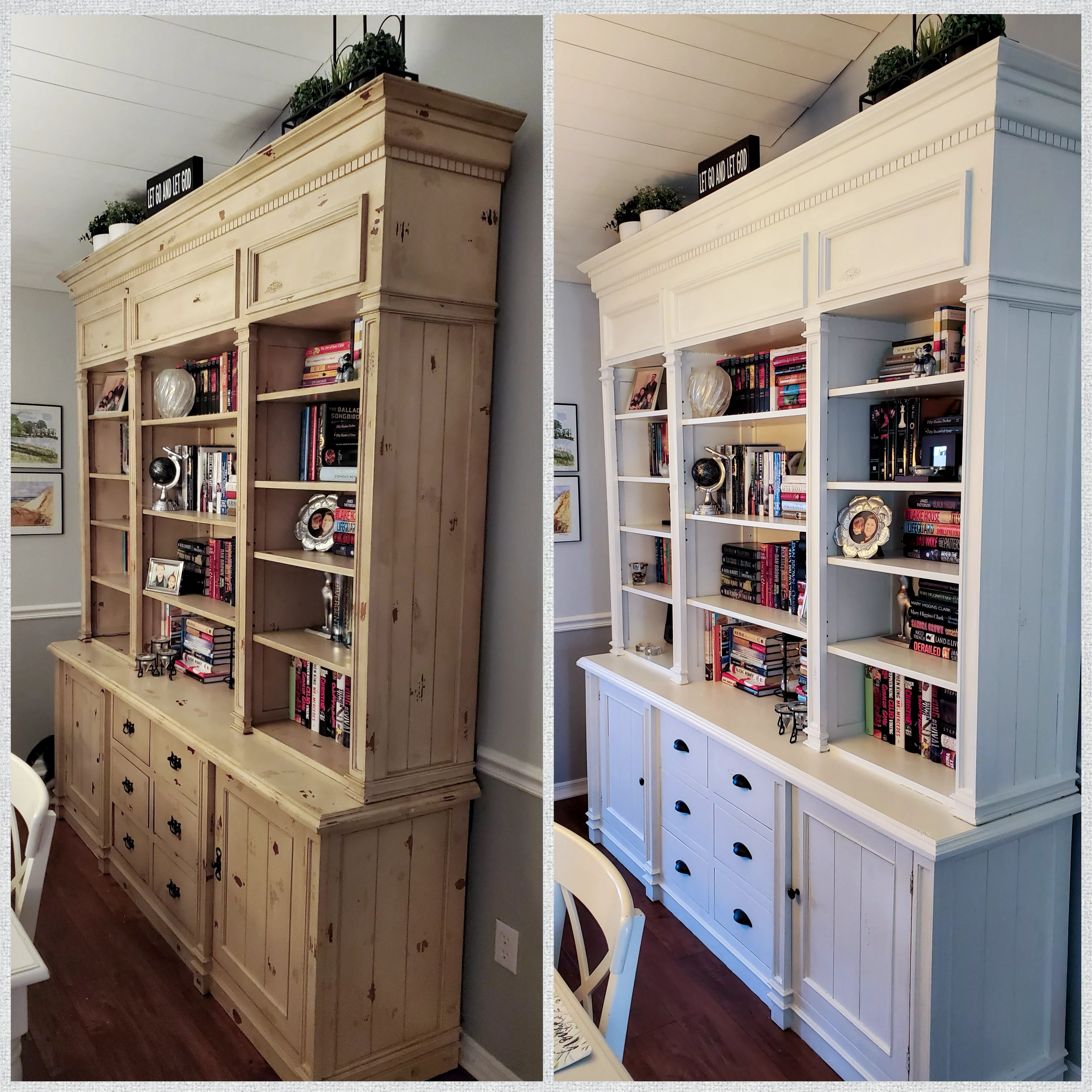 Before and after of a large bookcase restored with a fresh white painted finish
